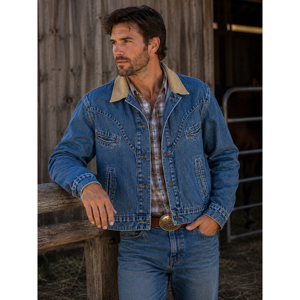 Vintage Schaefer Outfitter Denim Jacket M Leather Collar Western USA Ranch